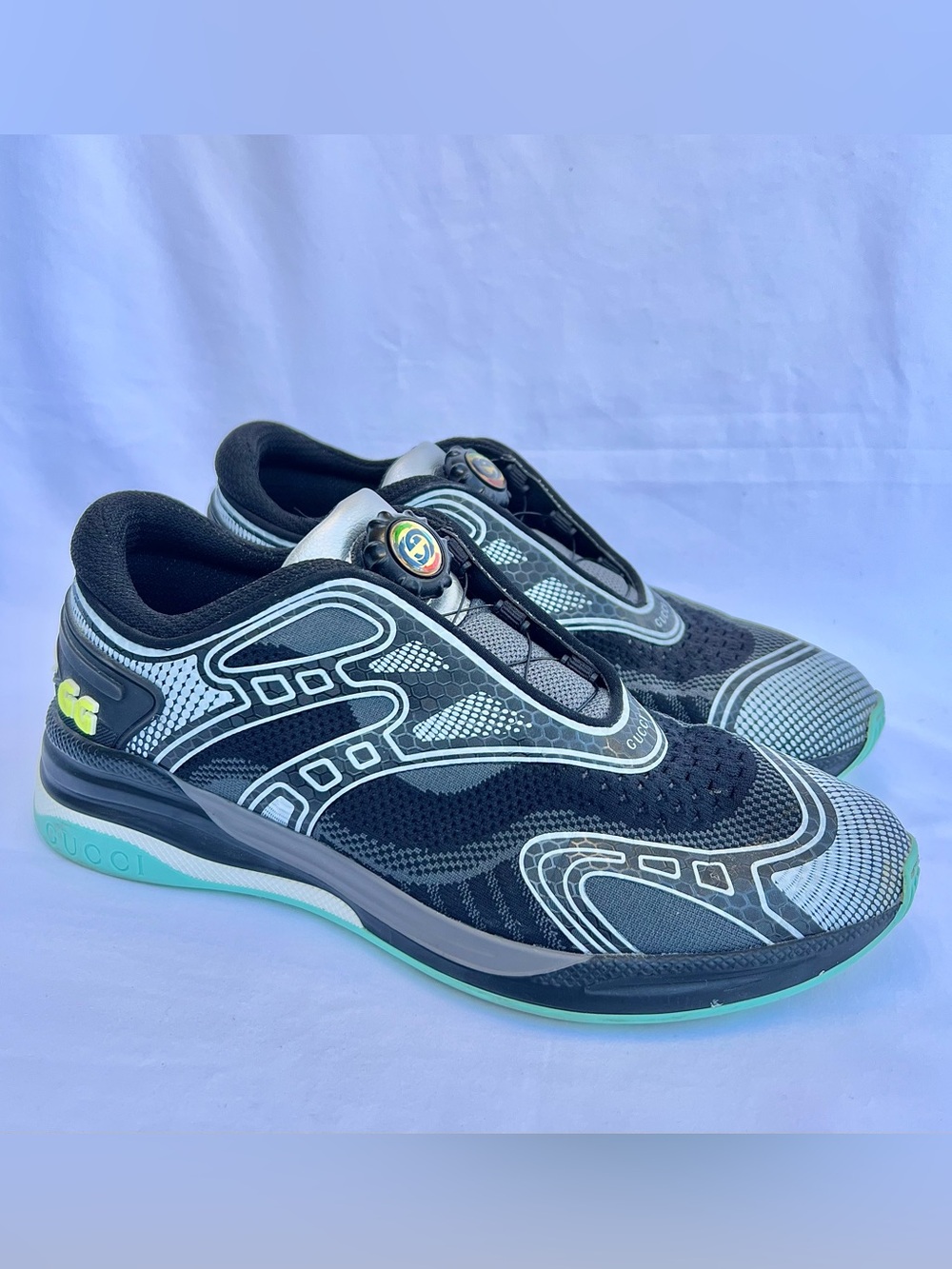 Gucci Women’s Ultra Pace R Sneakers Slip On Black Silver Blue Size 38 - Picture 2 of 15